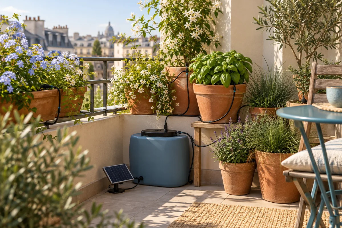 Balcon illustré avec réserve d’eau et micro-arrosage