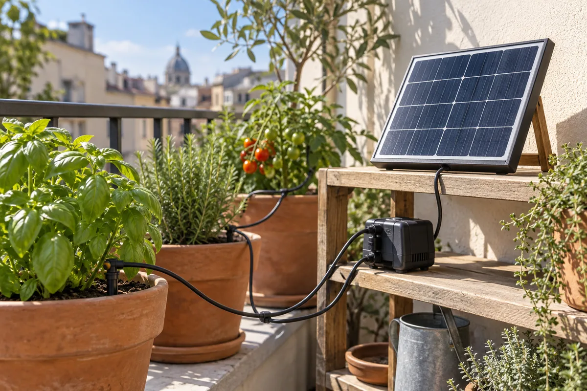 Panneau solaire illustratif près d’un réseau d’arrosage