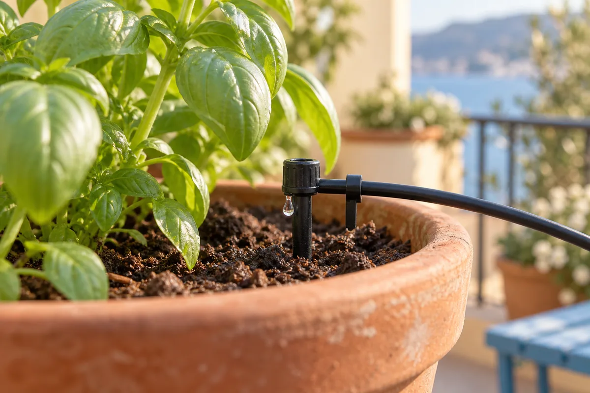 Goutteur illustratif au pied d’un basilic en pot