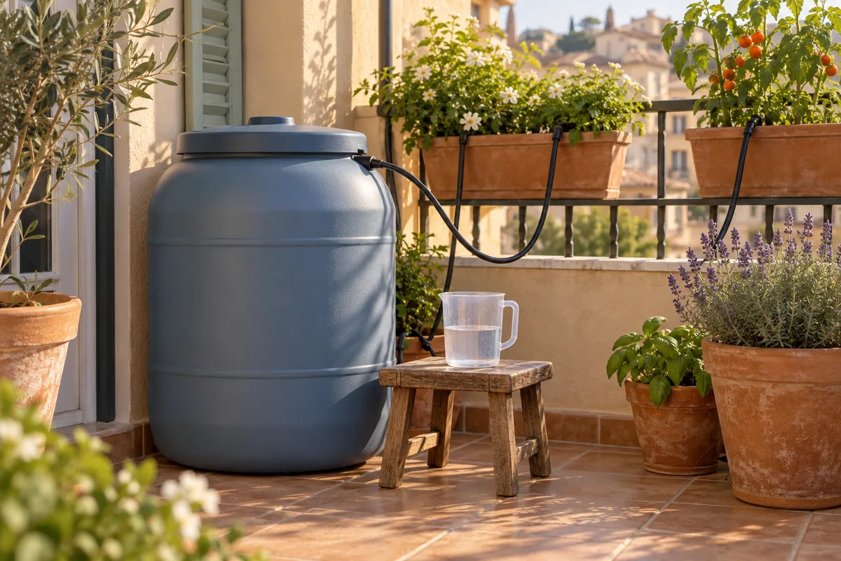 Réserve d’eau et récipient de mesure sur un balcon